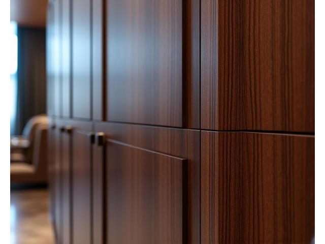 Custom millwork of exotic hardwood paneling in a modern luxury setting