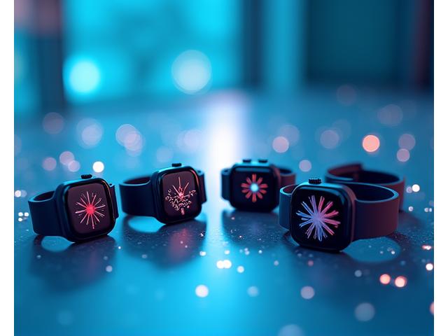 Various smartwatches and fitness trackers on a modern display, connected to a central fitness app